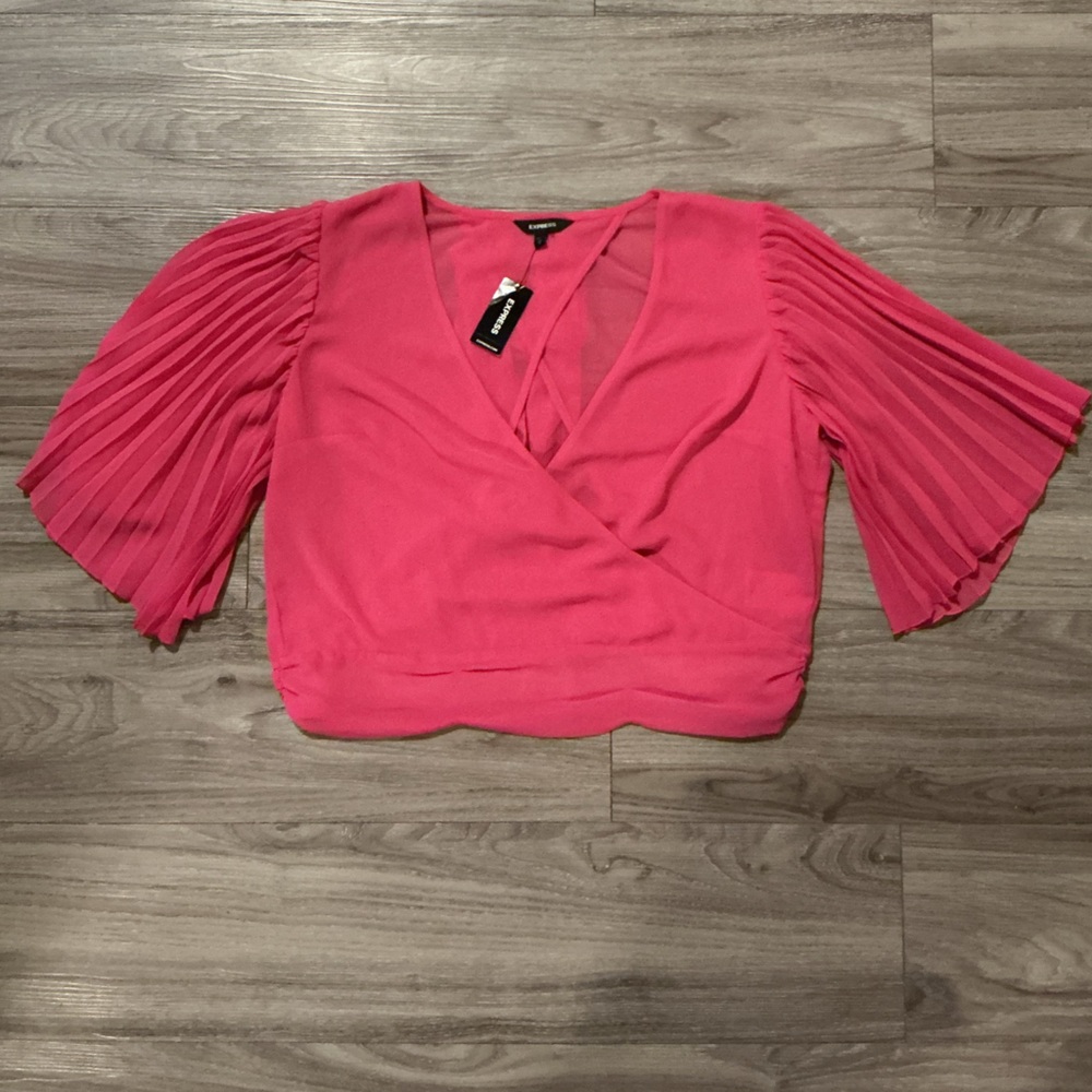 New Express Pink Wrap Top Flowy Sleeves Vibrant Pink V-Neck Blouse Large NWT